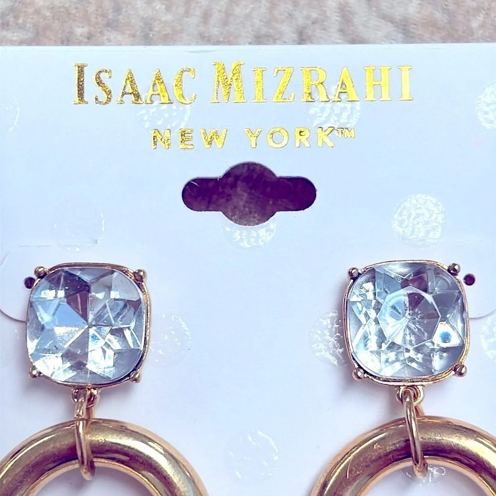 Brand New Isaac Mizrahi Large Rhinestone Gold Tone Round Faux Pearl Drop Earring